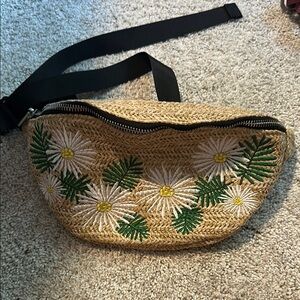 Skinnydip London straw belt bag with floral stitching